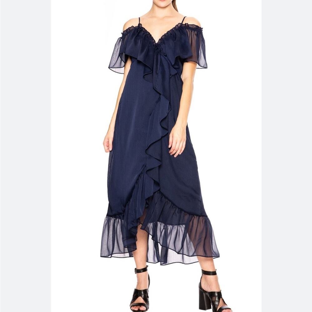 Misa Los Angeles Tayla Martina midi dress Elegant Navy Blue Ruffled size small